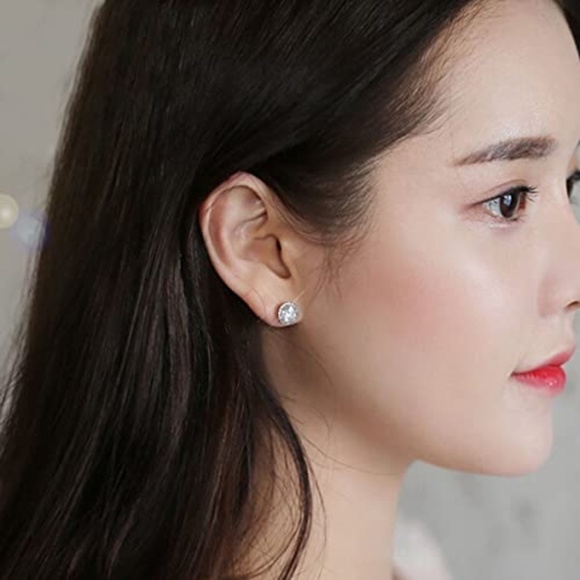 Cubic Zirconia White Gold Plated Round Halo Stud Earrings - Picture 3 of 14